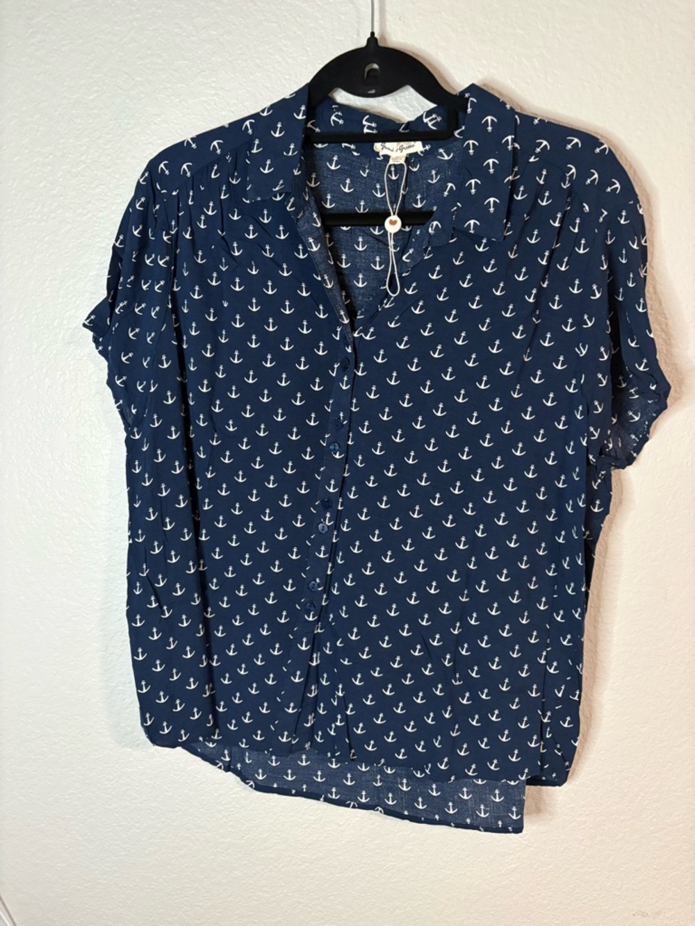 grand & greene Navy and White Anchor Print Button-Down Shirt